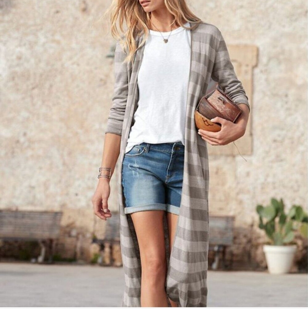 Garnet Hill Gray Striped 100% Linen Long Coastal Beachy Duster Cardigan Medium
